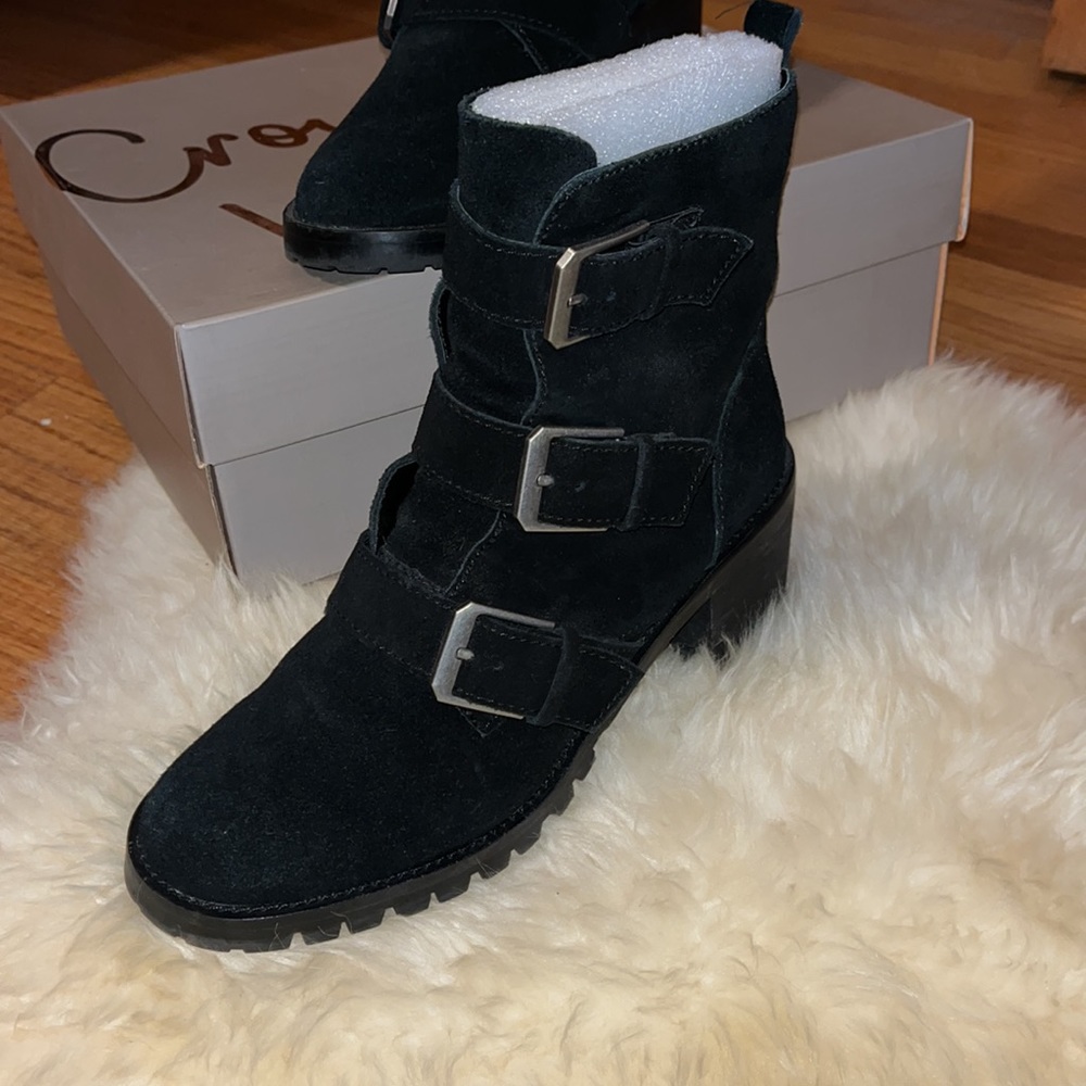 Crown Vintage Black Suede Lug Sole Ankle Boots